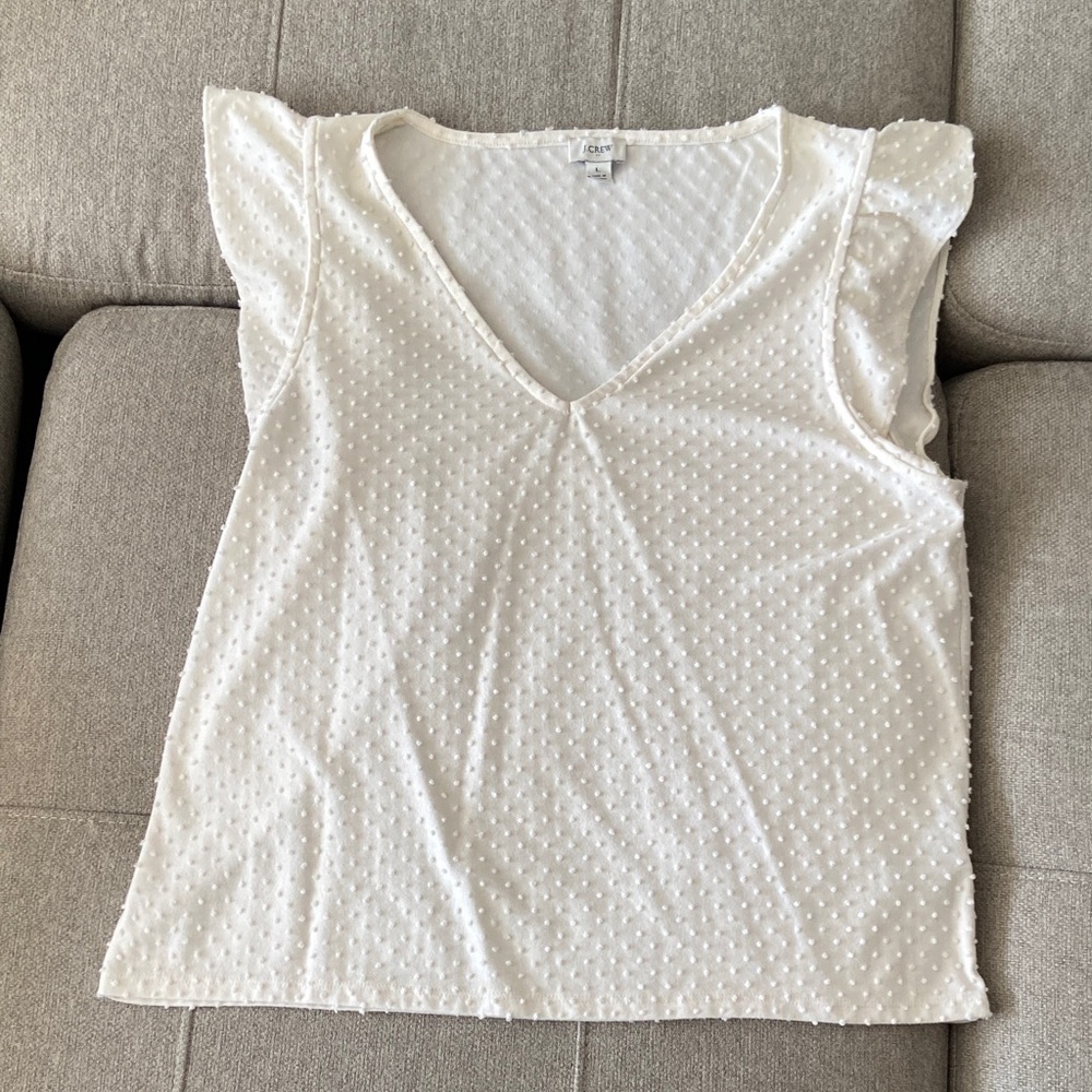 White J. Crew Swiss Dot J. Crew Fluttersleeve Top, size L.